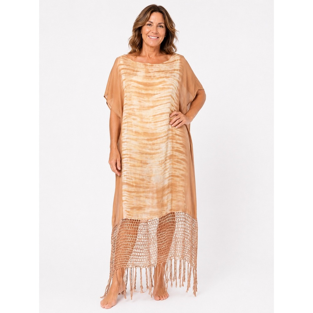 Indah‎ Womens Tan Tie Dye Rayon Kaftan Maxi Swim Cover Crochet Fringe Hem Medium